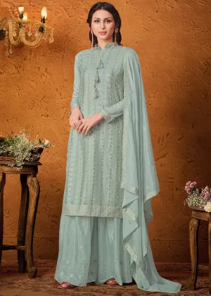 Dusty Blue Chiffon Embroidered Sharara Suit