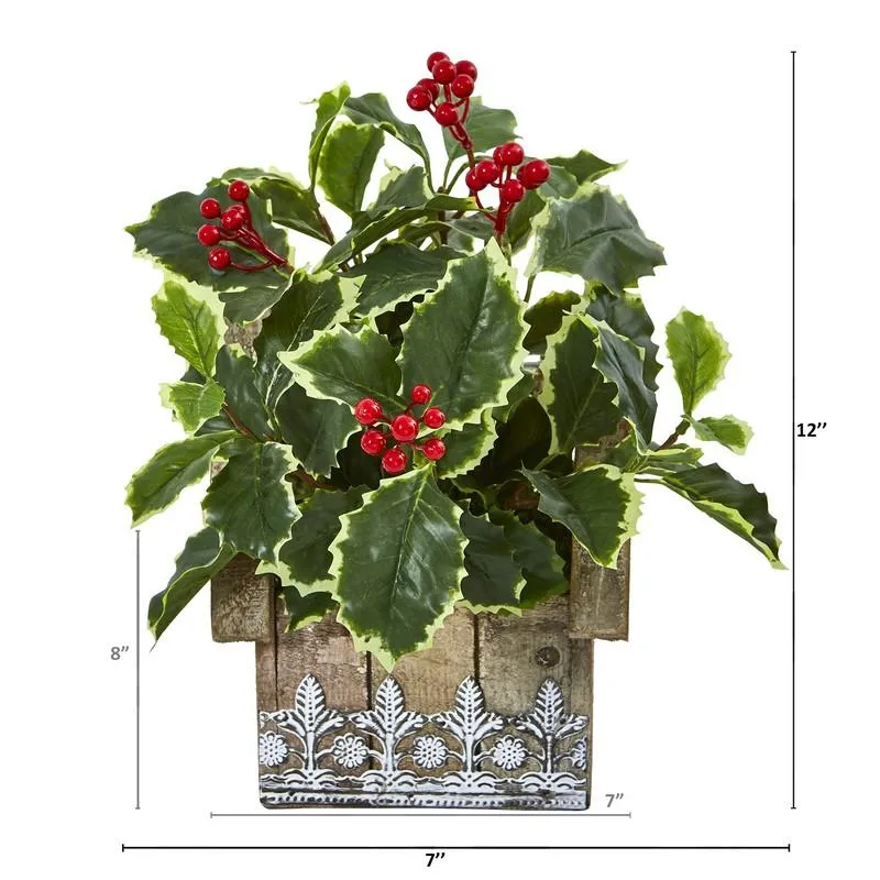 12" Variegated Holly Leaf Artificial Plant in Hanging Floral Design House Planter (Real Touch)