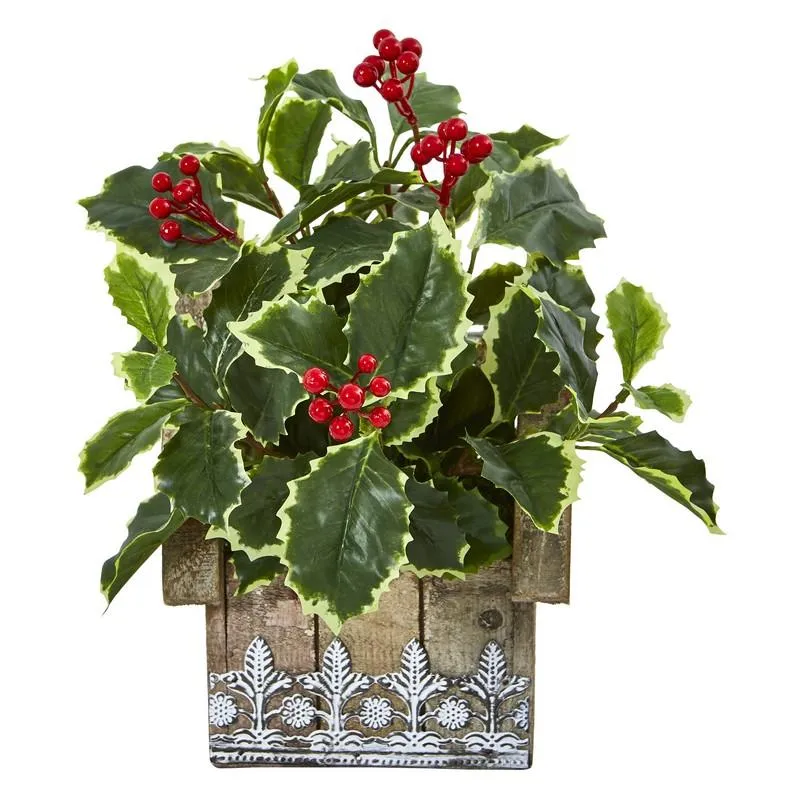 12" Variegated Holly Leaf Artificial Plant in Hanging Floral Design House Planter (Real Touch)