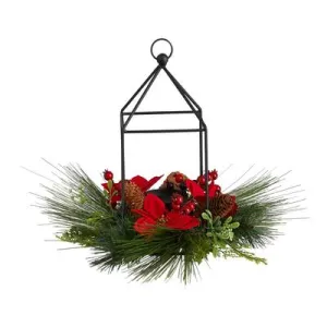 14" Christmas Poinsettia, Berry and Pinecone Metal Candle Holder Christmas Artificial Table Arrangement