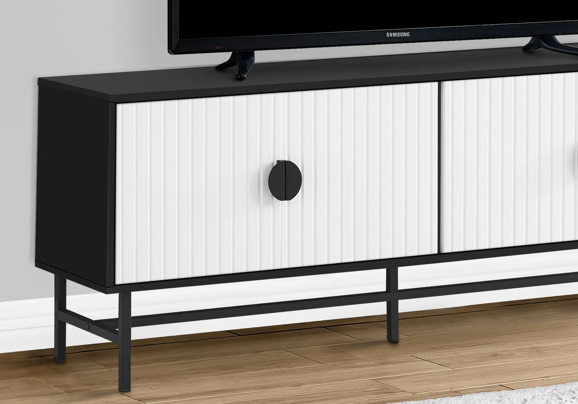 60" TV Stand: Contemporary Media Console, Black & White Laminate, Storage Cabinet, Modern Furniture