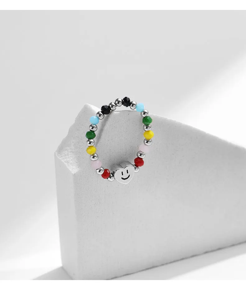 Adjustable S925 Sterling Silver Ring with Sweet Heart and Smile Face Beads