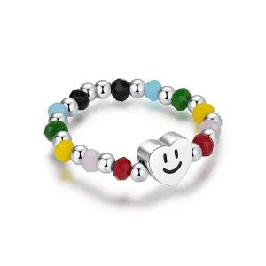 Adjustable S925 Sterling Silver Ring with Sweet Heart and Smile Face Beads