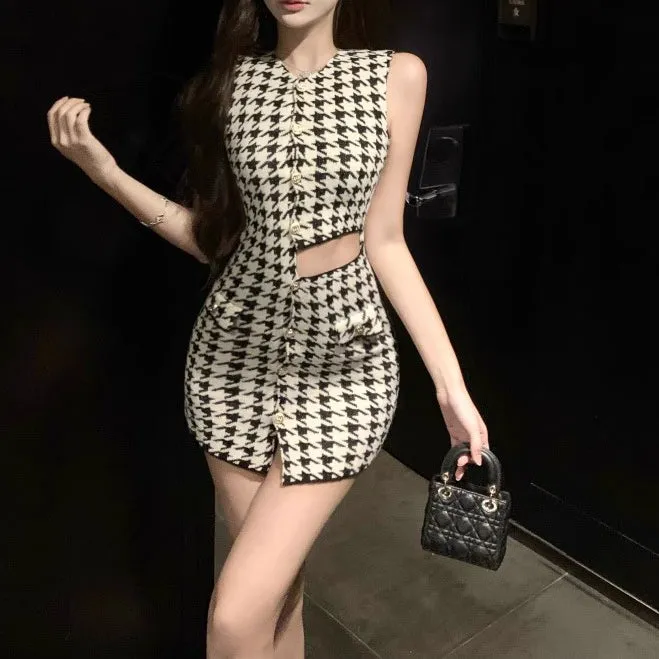 Asymmetric Hollow Design Houndstooth Knitted Dress