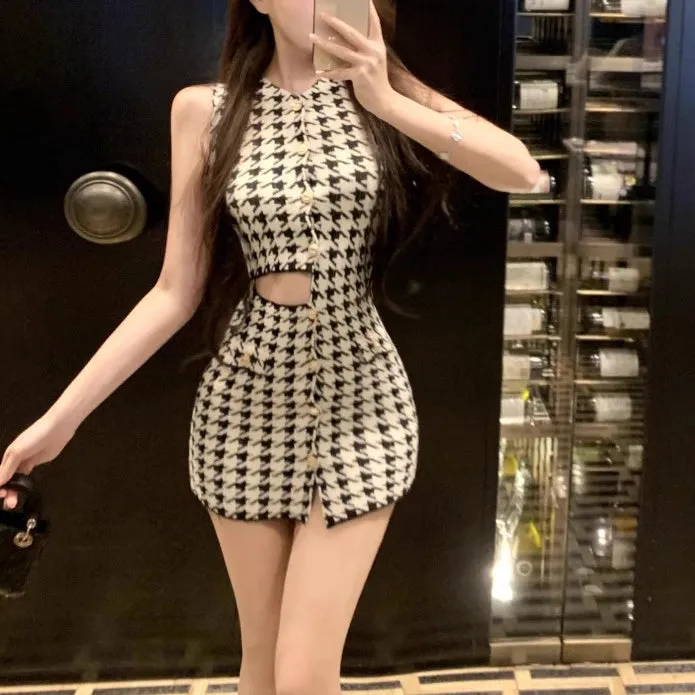 Asymmetric Hollow Design Houndstooth Knitted Dress