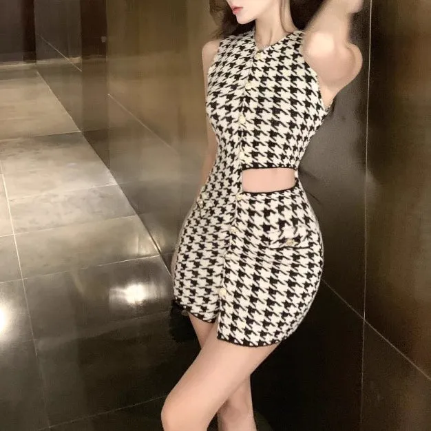 Asymmetric Hollow Design Houndstooth Knitted Dress