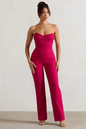 Bellezza | Hot Pink Bandeau Corset Wide Leg Jumpsuit