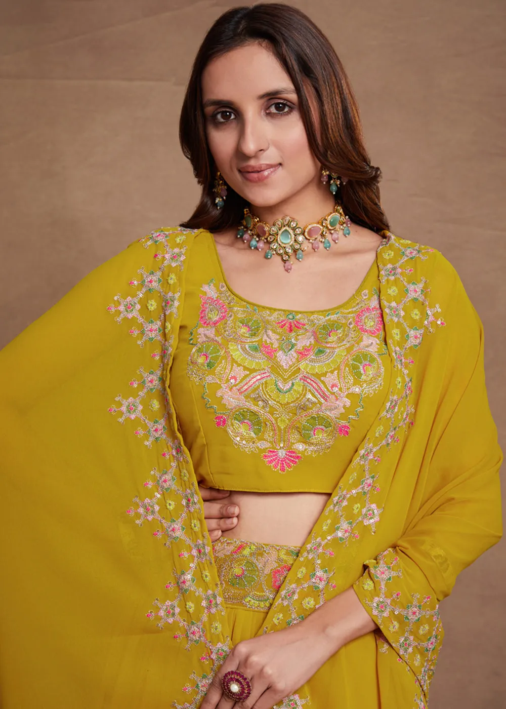 Blooming Georgette Yellow Embroidered Festive Lehenga Choli