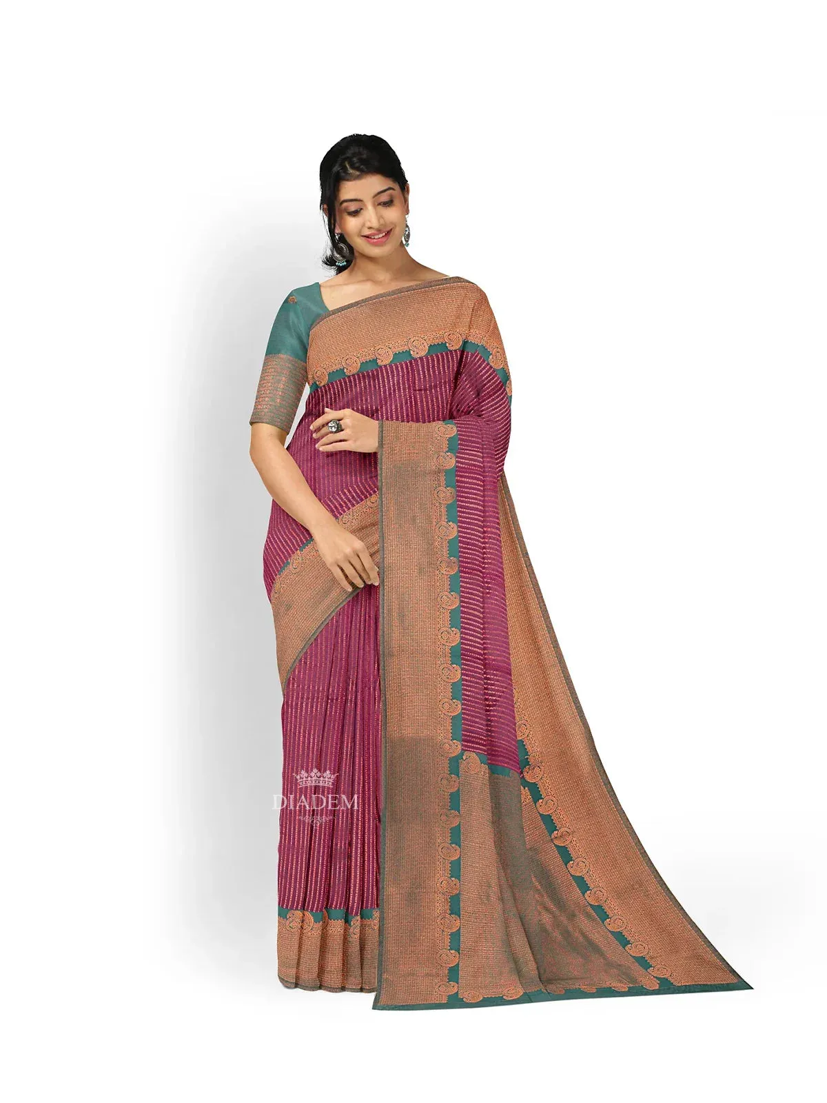 Burgundy Art Silk Saree with Stripes on the Body and Contrast Zari Border