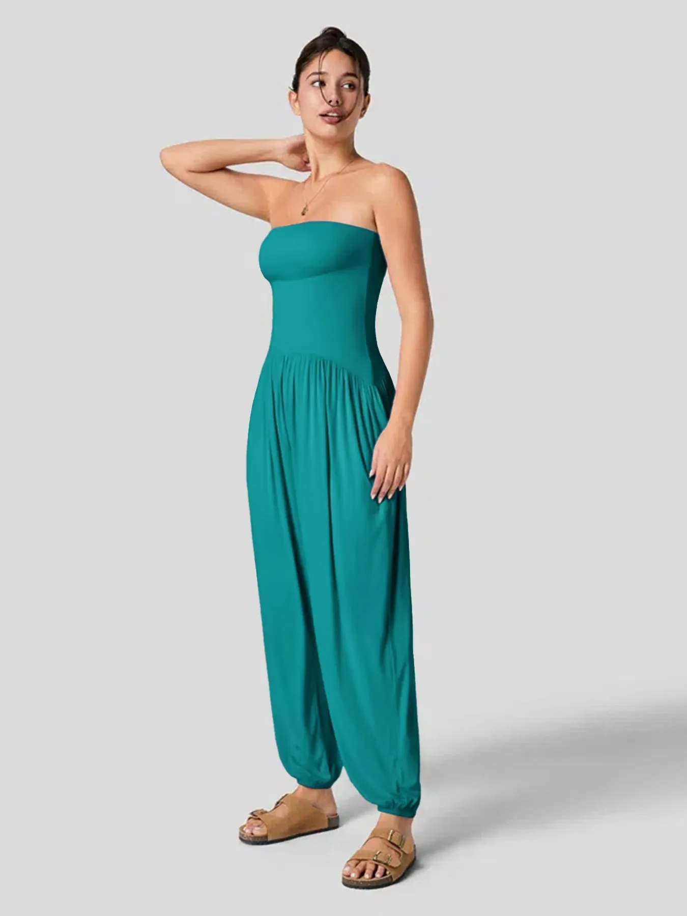 Casual Summer Tube Top Ankle Tied Jumpsuit Backless Pleated Pocket Bloomers One Piece Trousers for Women