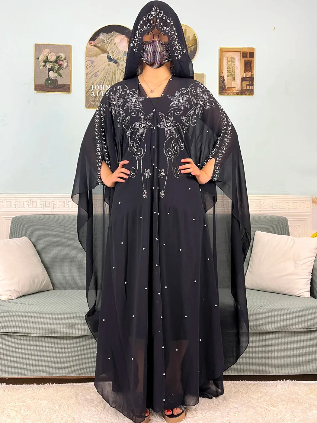 Chiffon Beading Set Diamonds Open Abaya