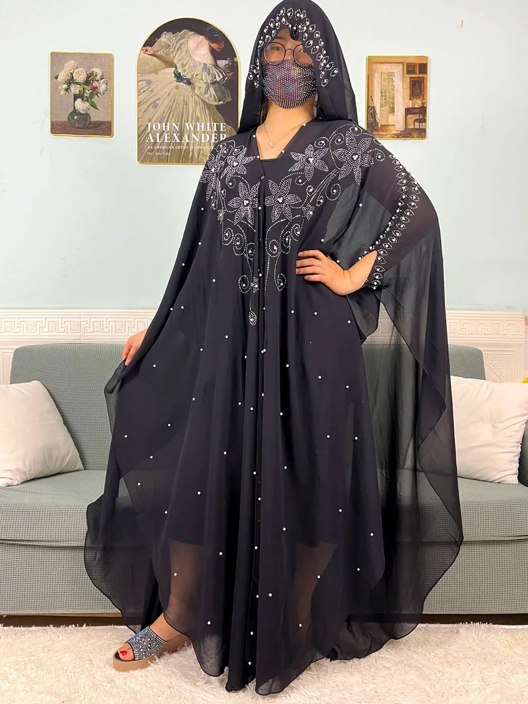 Chiffon Beading Set Diamonds Open Abaya