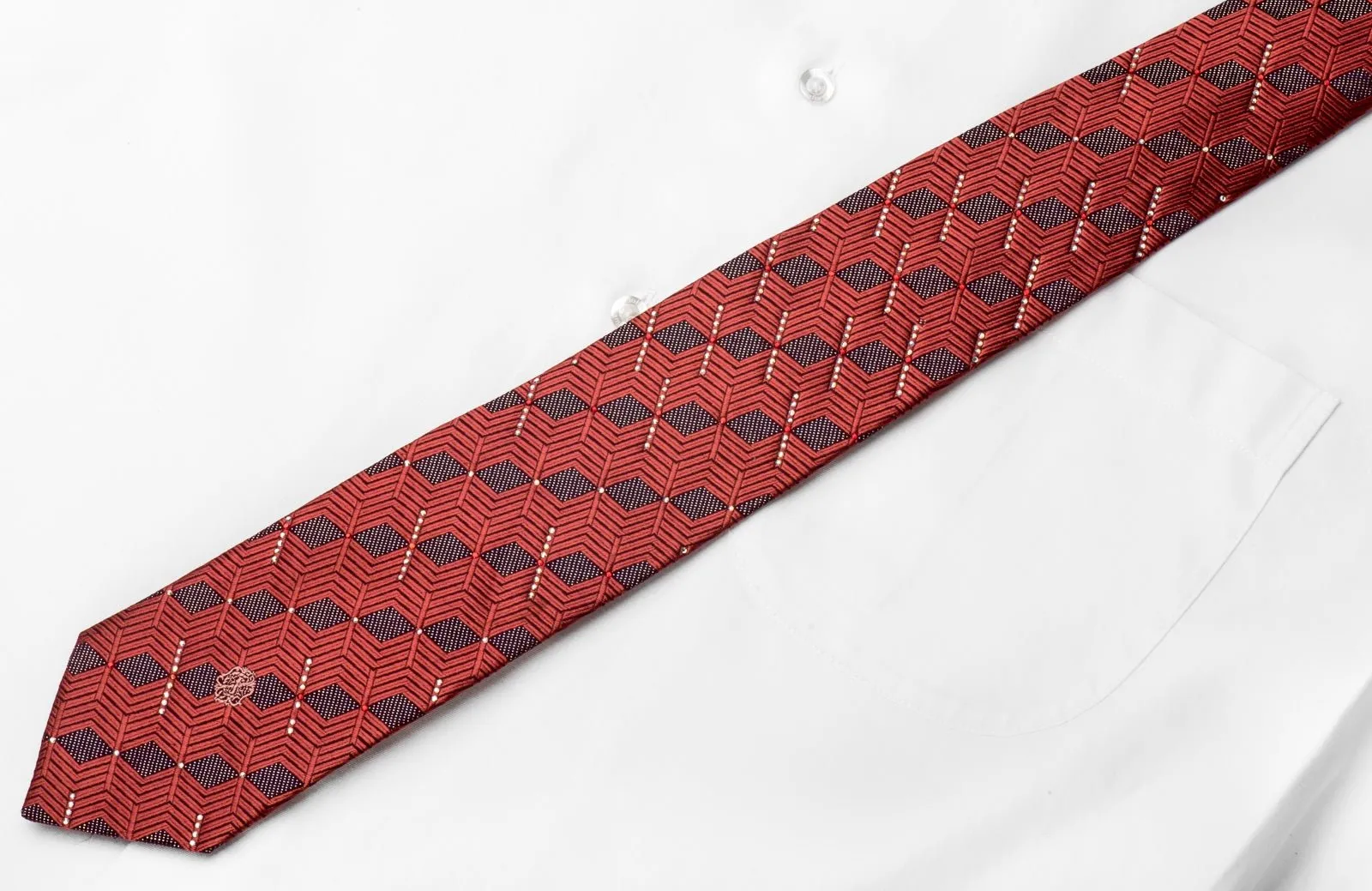 Christian Lacroix Men's Crystal Rhinestone Tie Geometric On Burgundy With Silver Sparkles