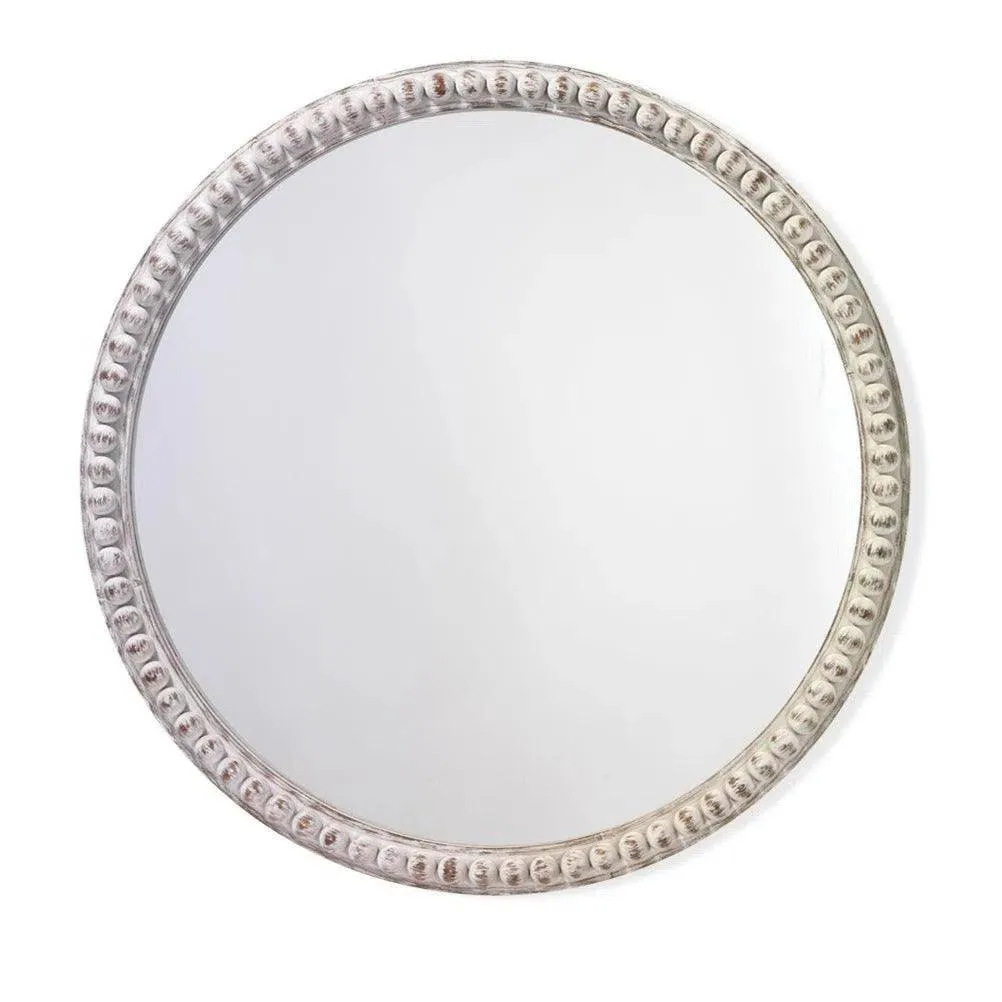 Coastal Style White Washed Fir Wood Audrey Beaded Wall Mirror