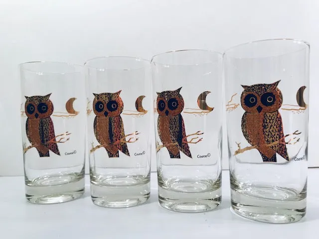 Couroc Signed Mid-Century Black and 22-Karat Gold Owl 5-Piece Set