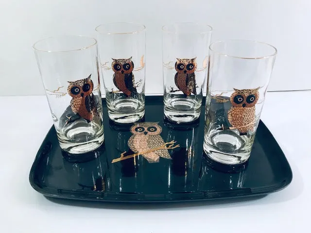 Couroc Signed Mid-Century Black and 22-Karat Gold Owl 5-Piece Set