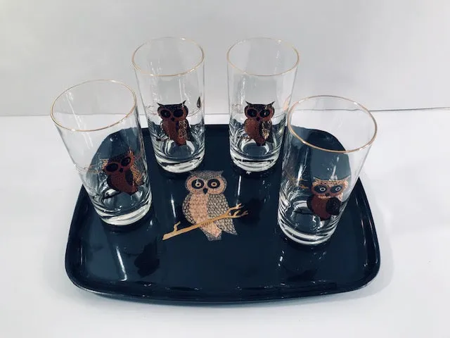 Couroc Signed Mid-Century Black and 22-Karat Gold Owl 5-Piece Set