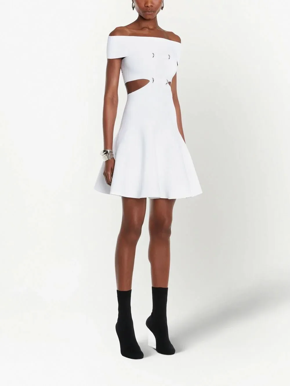 cut-out off-shoulder flared mini dress