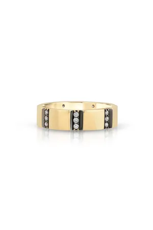 Diamond Striped 14k Gold Thin Band with Black Ruthenium Trim