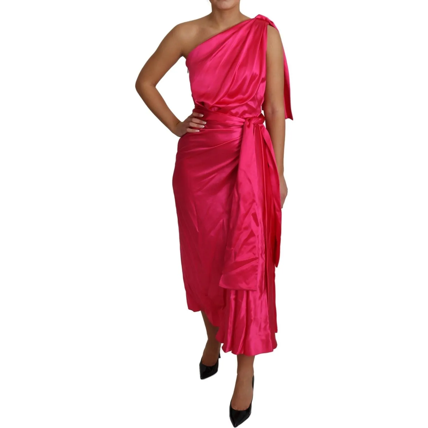 Dolce & Gabbana Elegant Fuchsia Silk One-Shoulder Wrap Dress