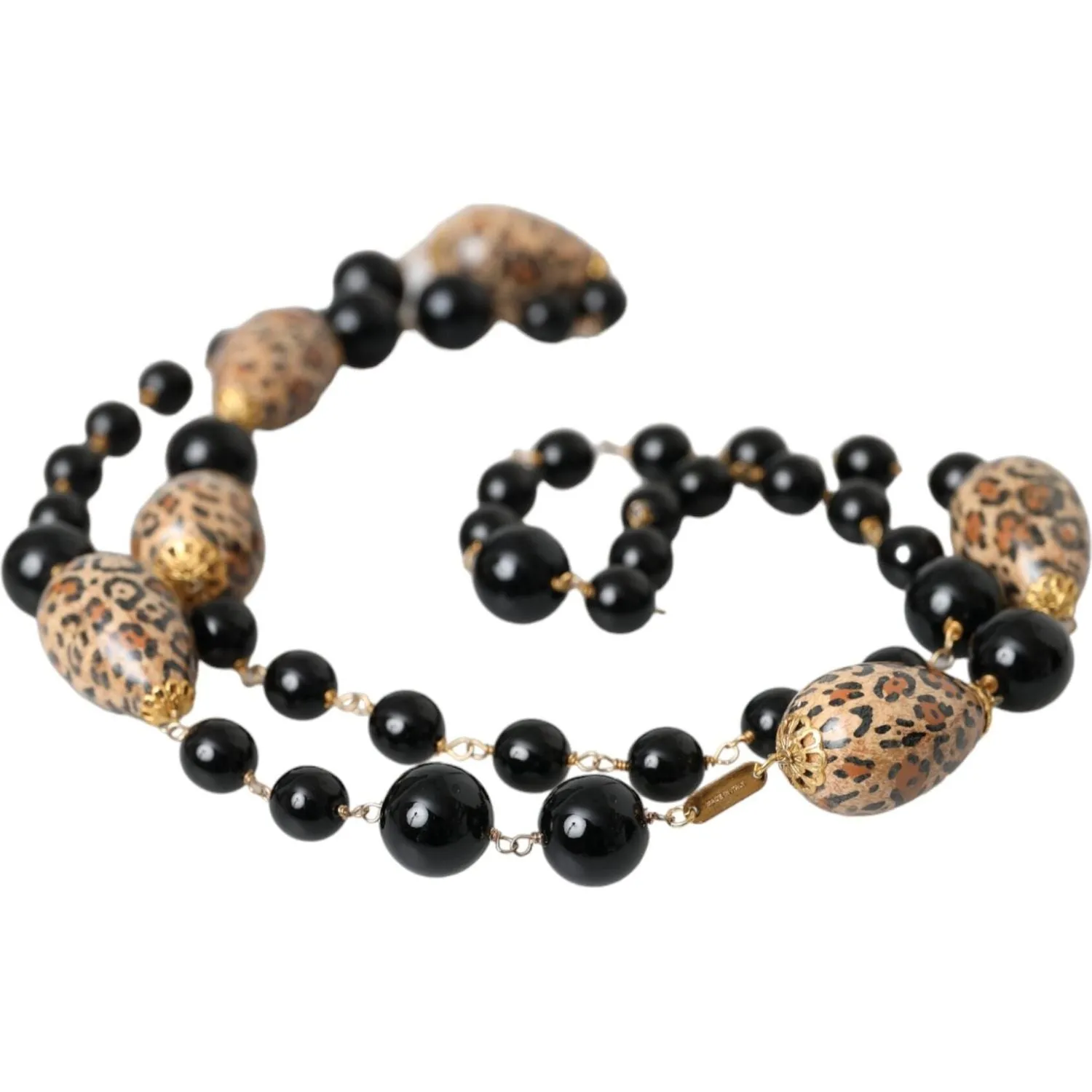 Dolce & Gabbana Gold Tone Brass Black Printed Beaded Long Chain Necklace