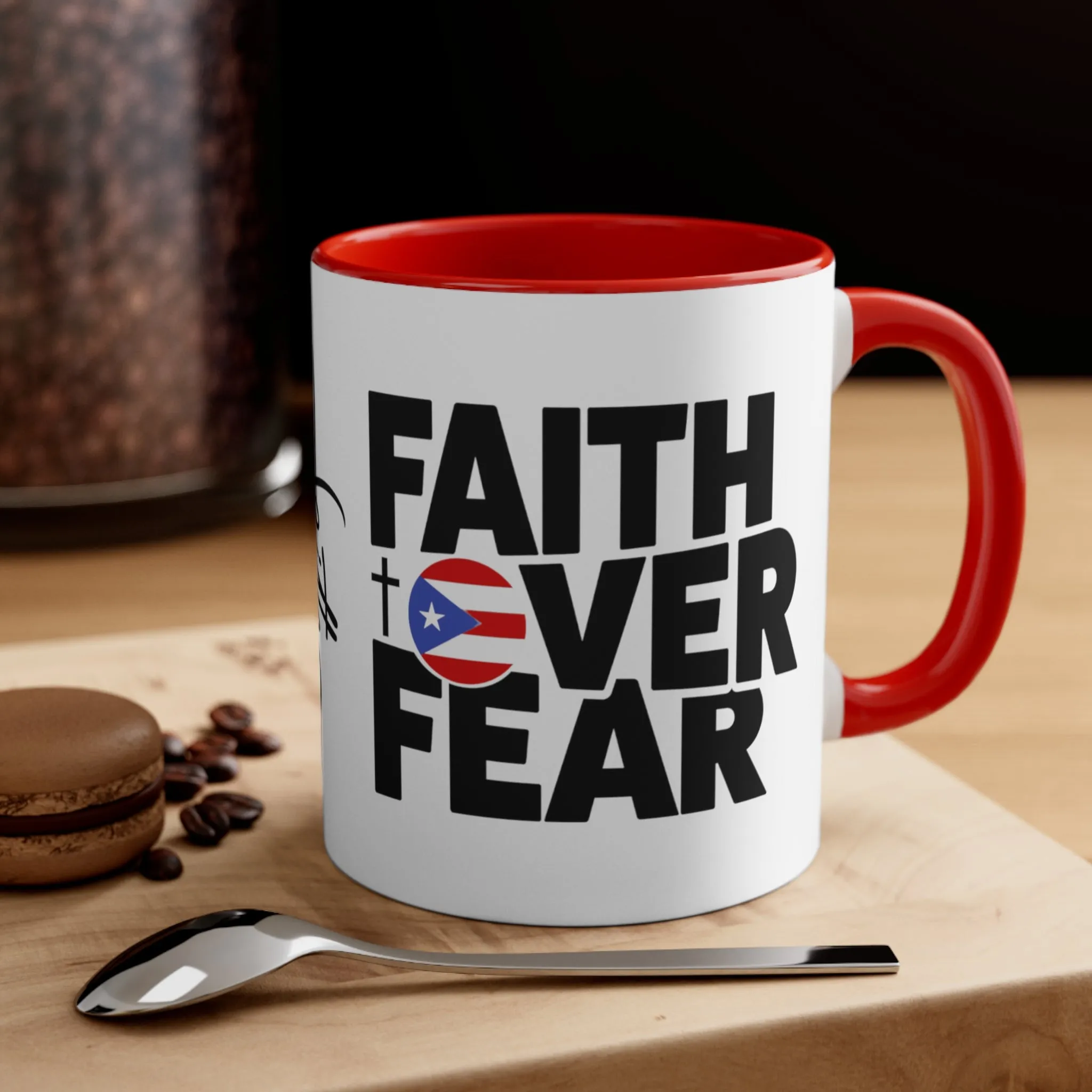 FAITH OVER FEAR with Puerto Rican Flag Mug Puerto Rico Coffee Cup Free Shipping