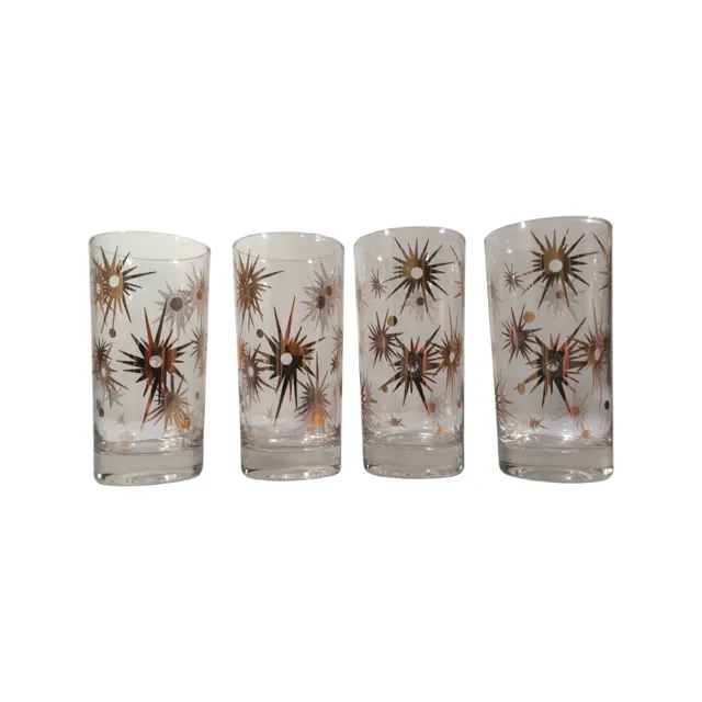 Federal Glass Mid-Century Clear Atomic 22-Karat Gold Star Glasses (Set of 4)