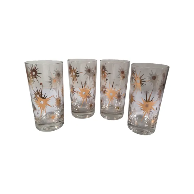 Federal Glass Mid-Century Clear Atomic 22-Karat Gold Star Glasses (Set of 4)