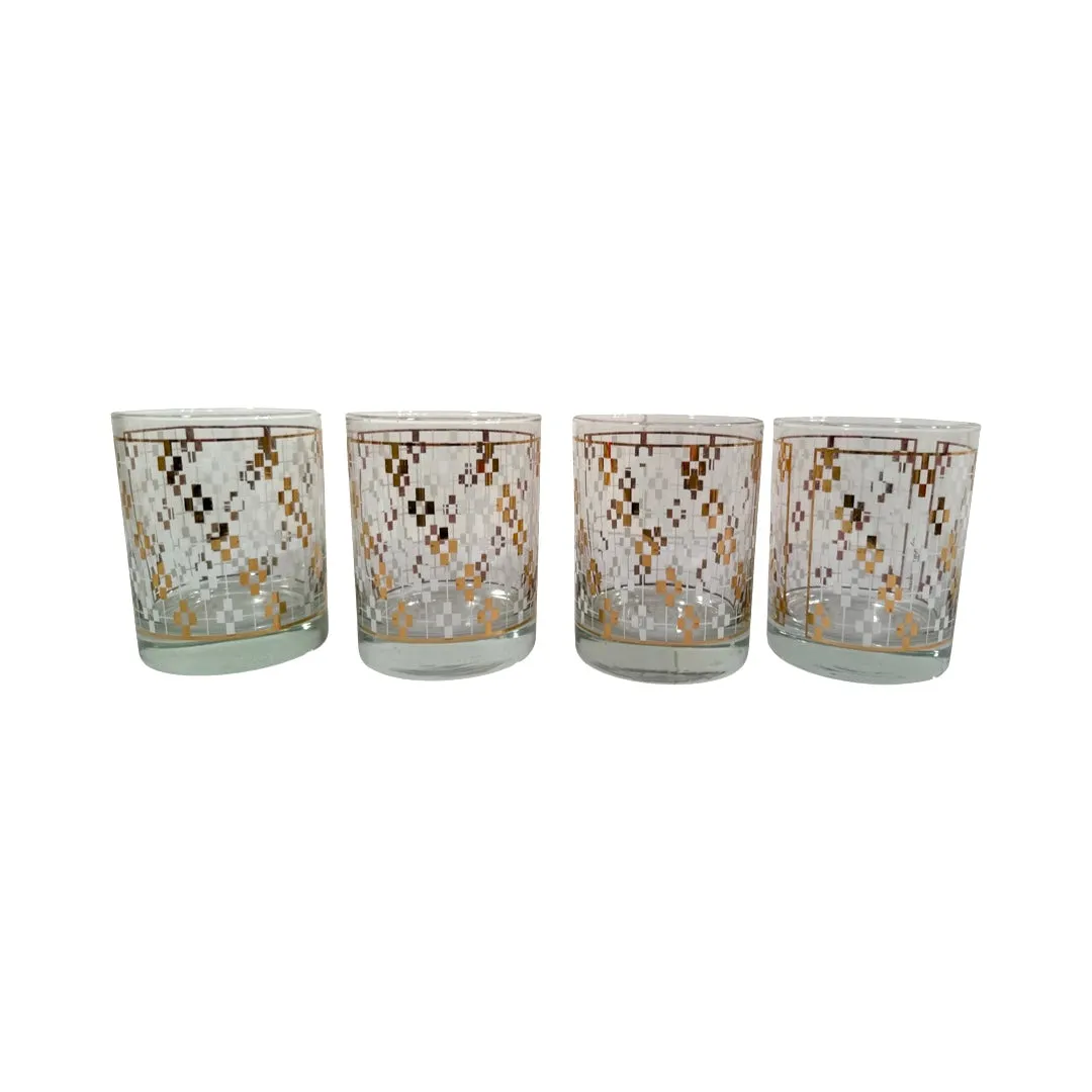 Georges Briard Signed Mid-Century Gold and White Asterisk Double Old Fashion 8 Piece Cocktail Set