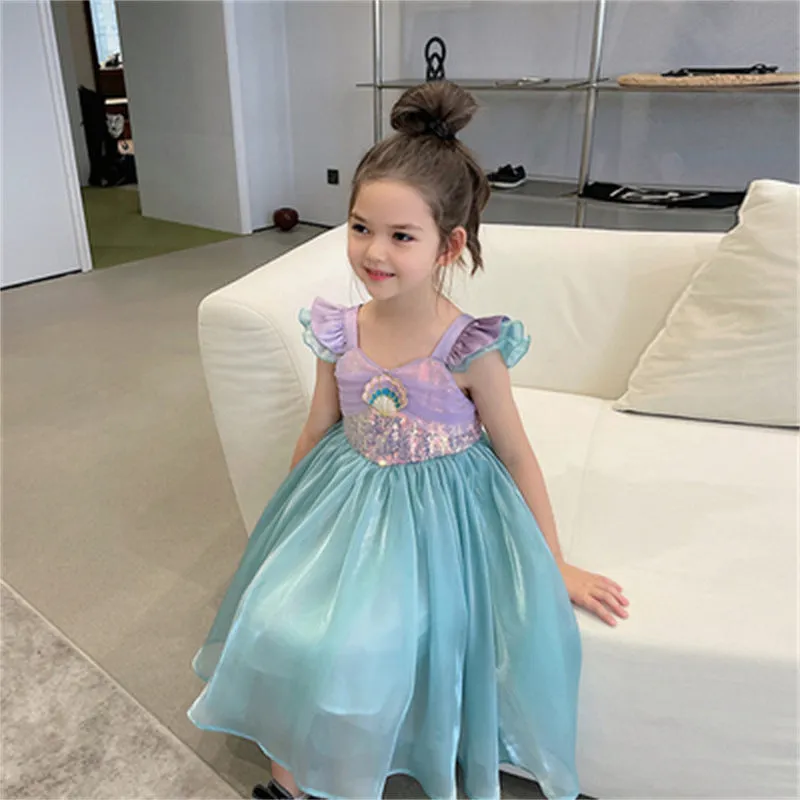 Girls'  Summer New Mermaid Vest Dress Children's Fashionable Short Sleeve Princess Dress Costume Fashion