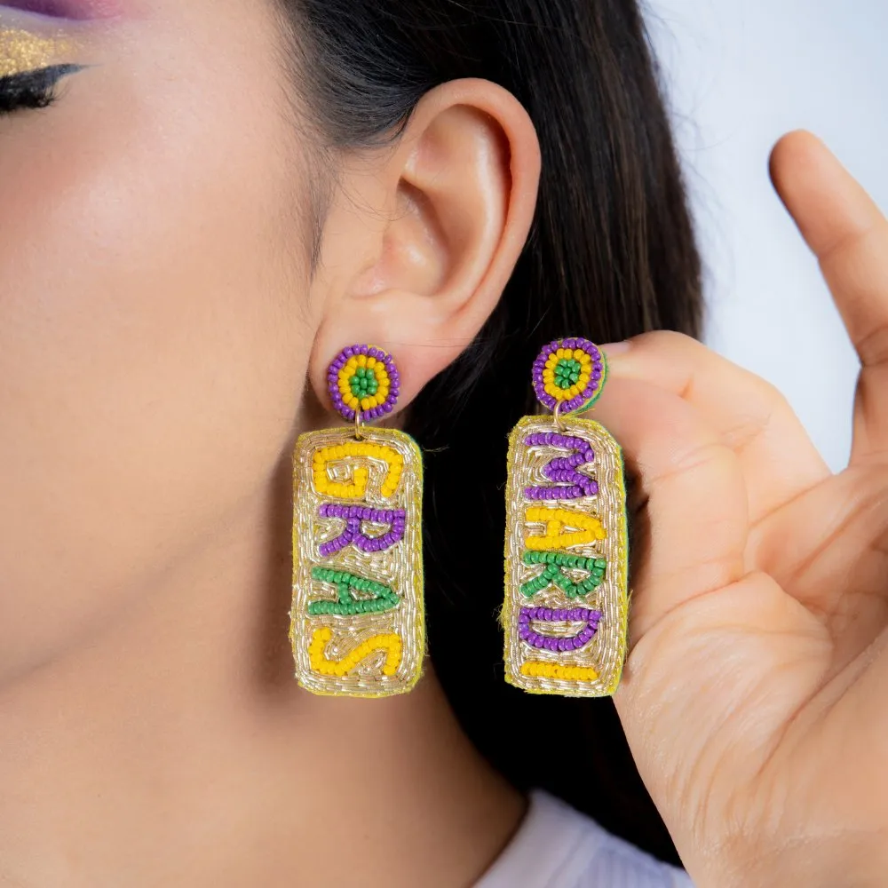 Hand-Beaded Mardi Gras Earrings with Circle Top