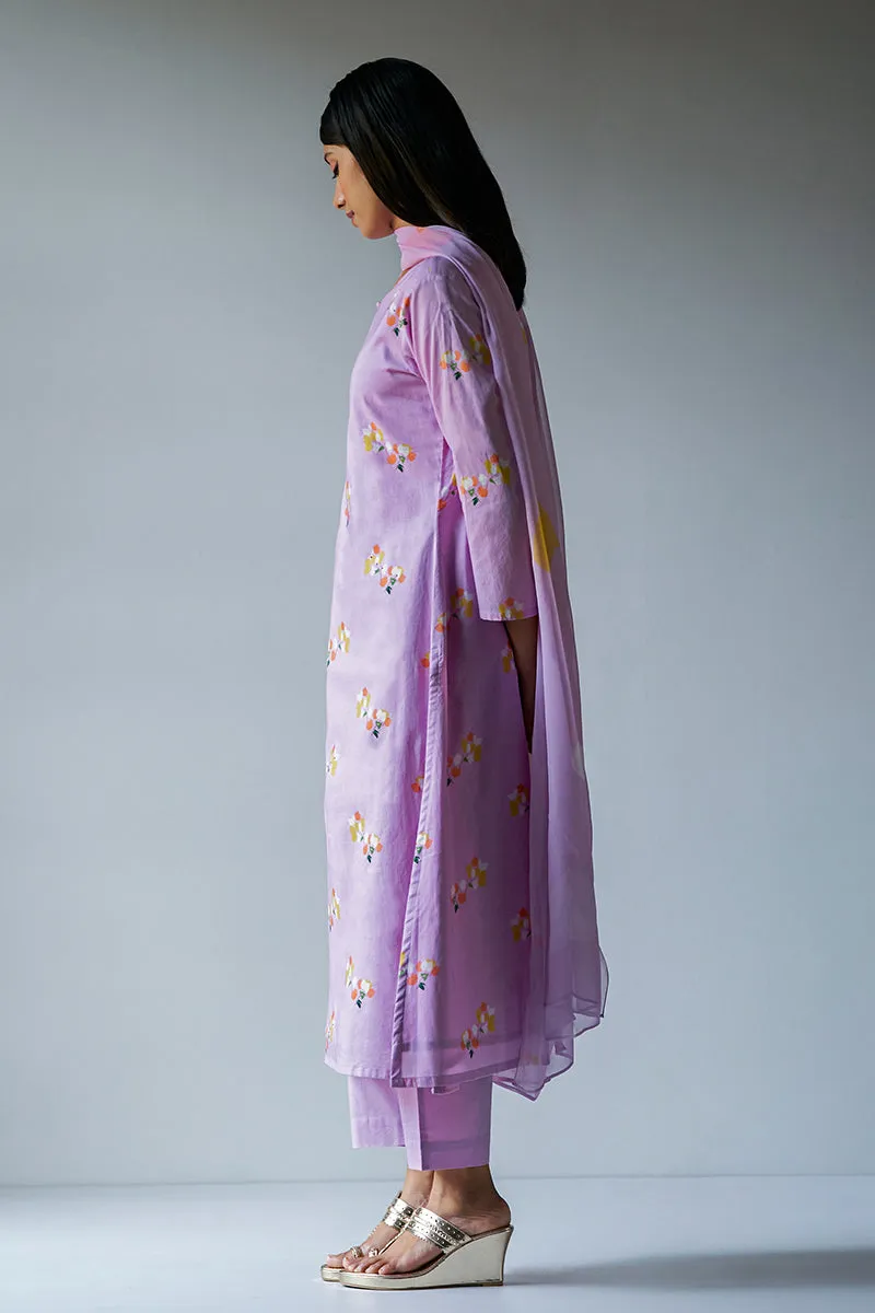 Lavender Premium Cotton Printed Salwar Suit With Delicate Bead Work Detailing