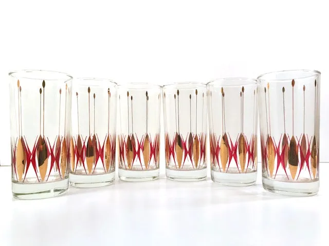 Mid-Century Cranberry and Gold Deco Glasses (Set of 6)