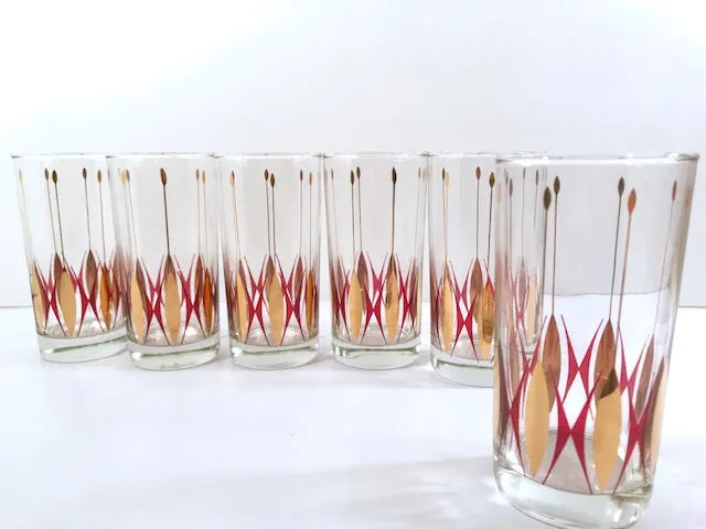 Mid-Century Cranberry and Gold Deco Glasses (Set of 6)