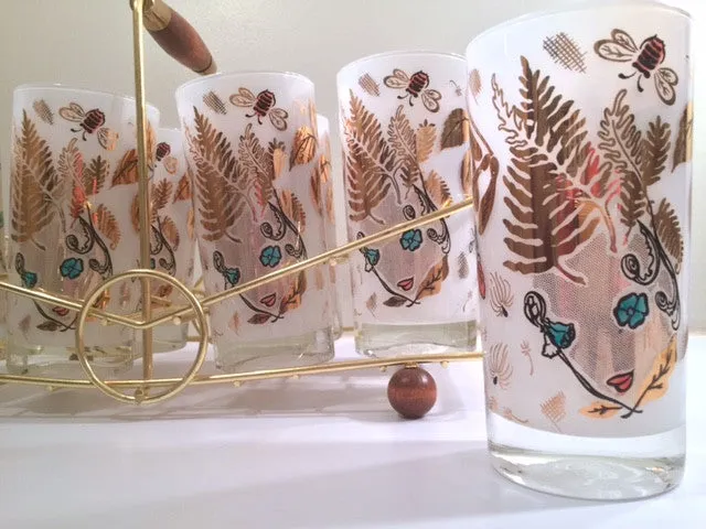 Mid-Century Mother Nature Glasses and Carrier (Set of 8 Glasses & Carrier)