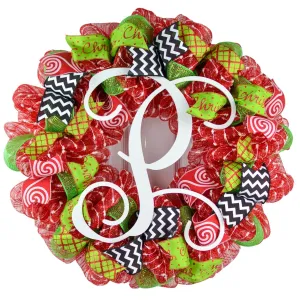 Monogram Christmas Mesh Door Wreath - Candy Cane Decorations - Red White Lime Green Black