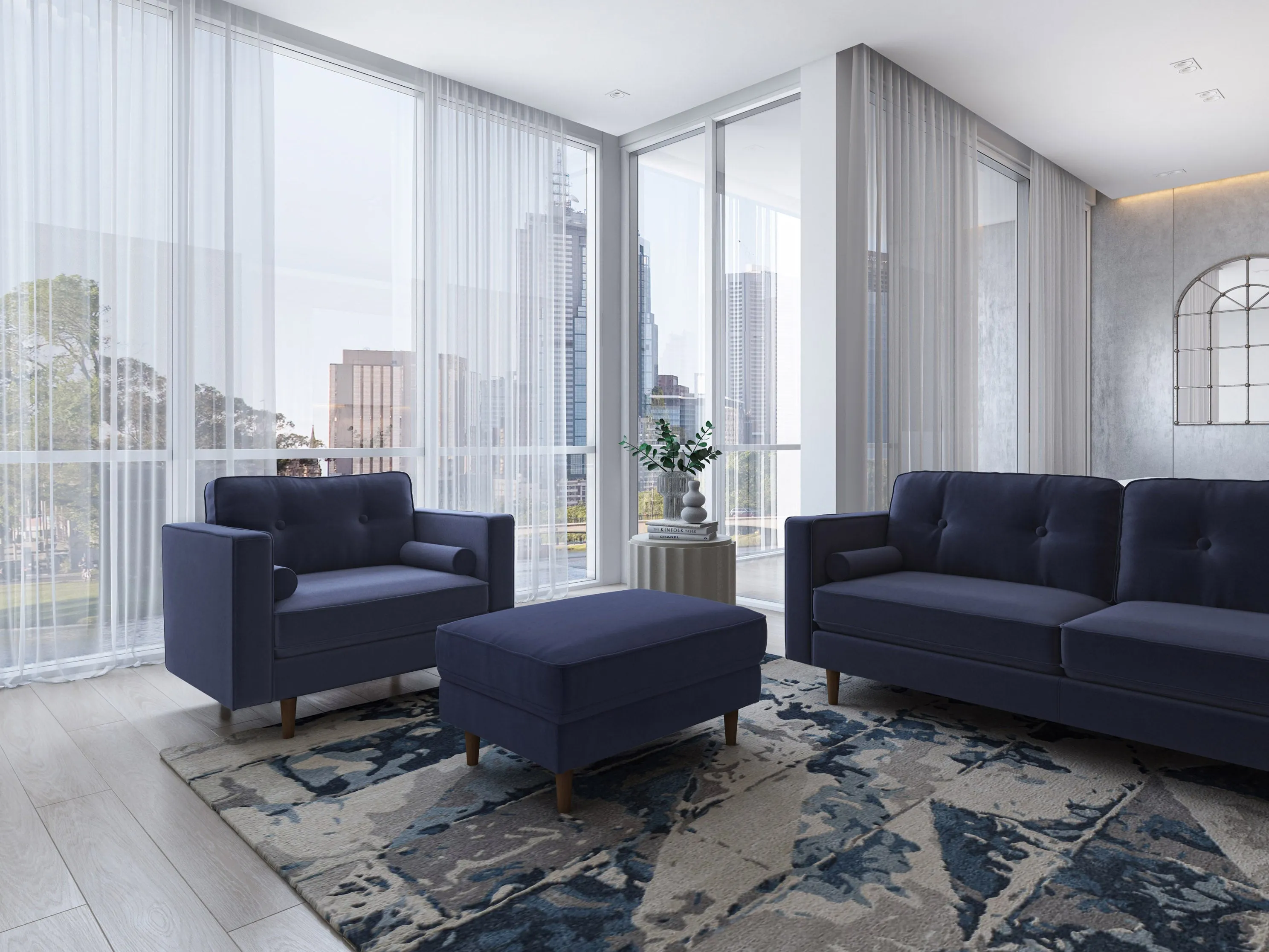 Navy Blue Accent Chair with Ottoman