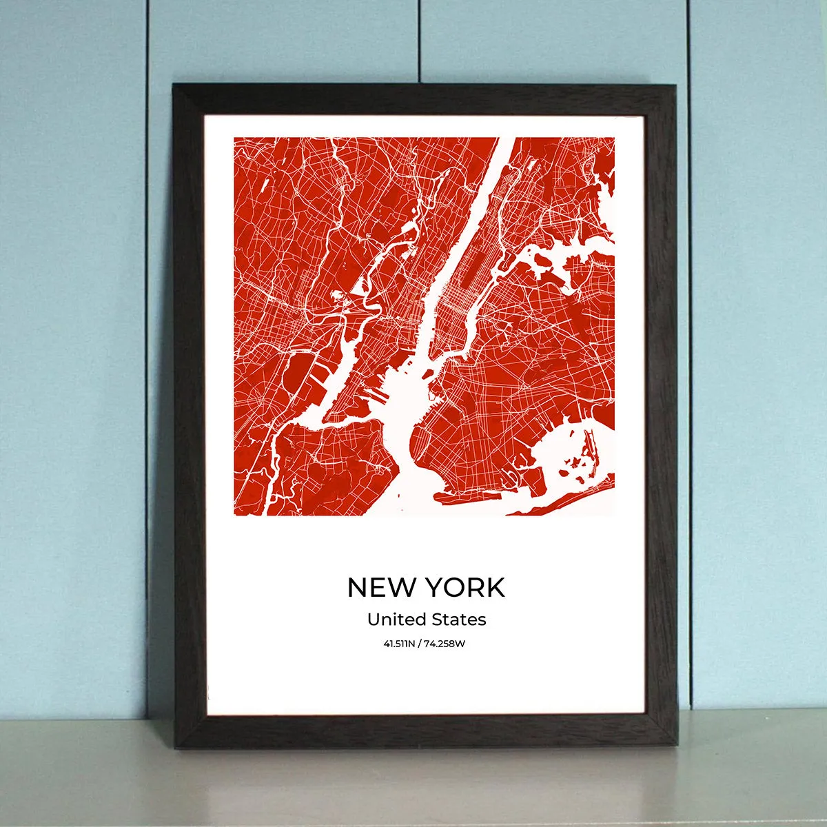 New York City Map Wall Art Poster with Wooden Frame