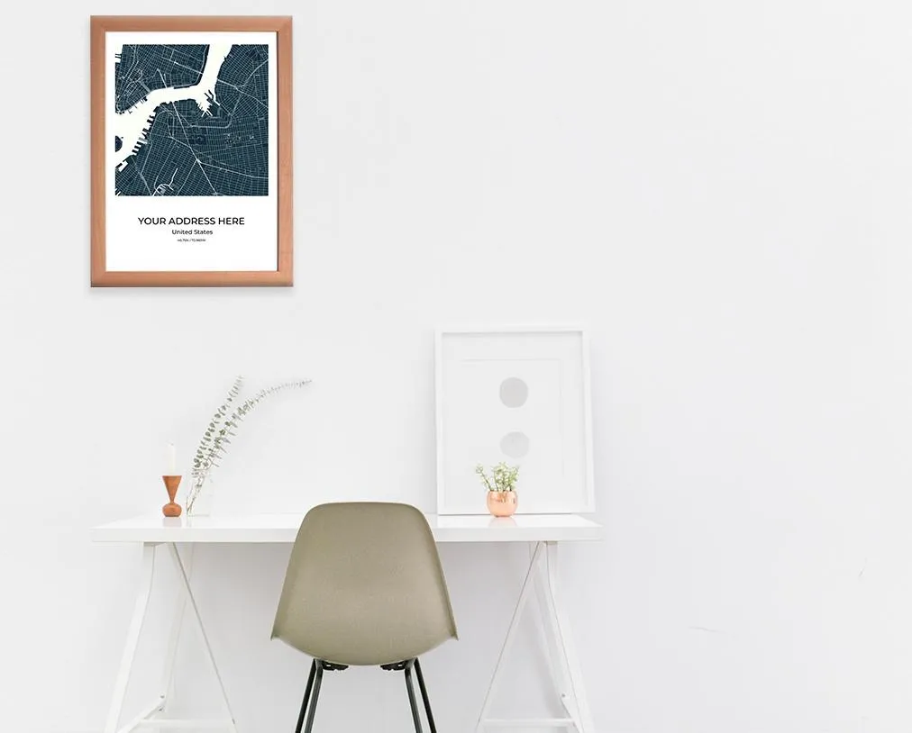 New York City Map Wall Art Poster with Wooden Frame