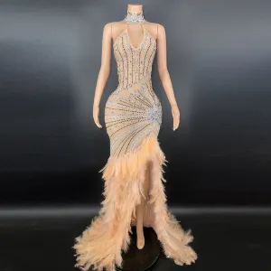 PU-1 High Quality Women's Long Sleeved Rhinestone Dress Luxury Feather Multi-Color Long Dresses