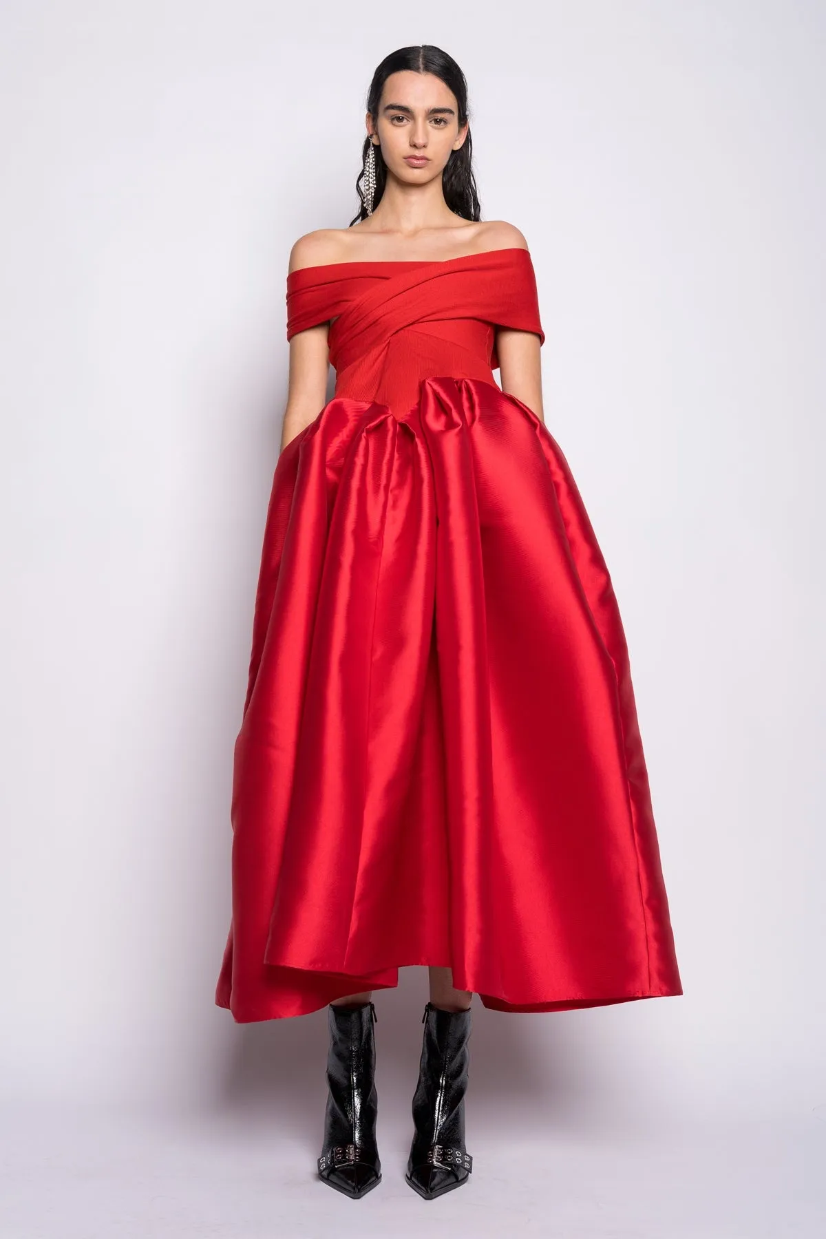 RED OFF SHOULDER FULL SKIRT DRESS