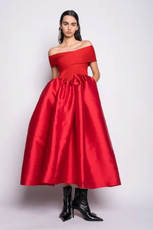 RED OFF SHOULDER FULL SKIRT DRESS