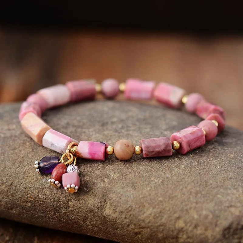 Rhodonite Beaded Stretchy Bracelet w/ Charms