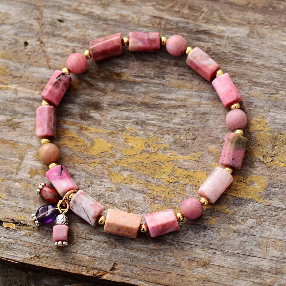 Rhodonite Beaded Stretchy Bracelet w/ Charms