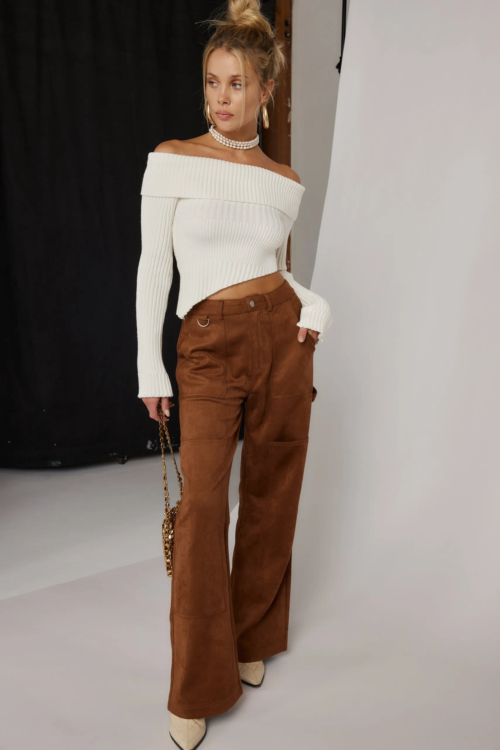 Ria White Off the Shoulder Asymmetrical Sweater