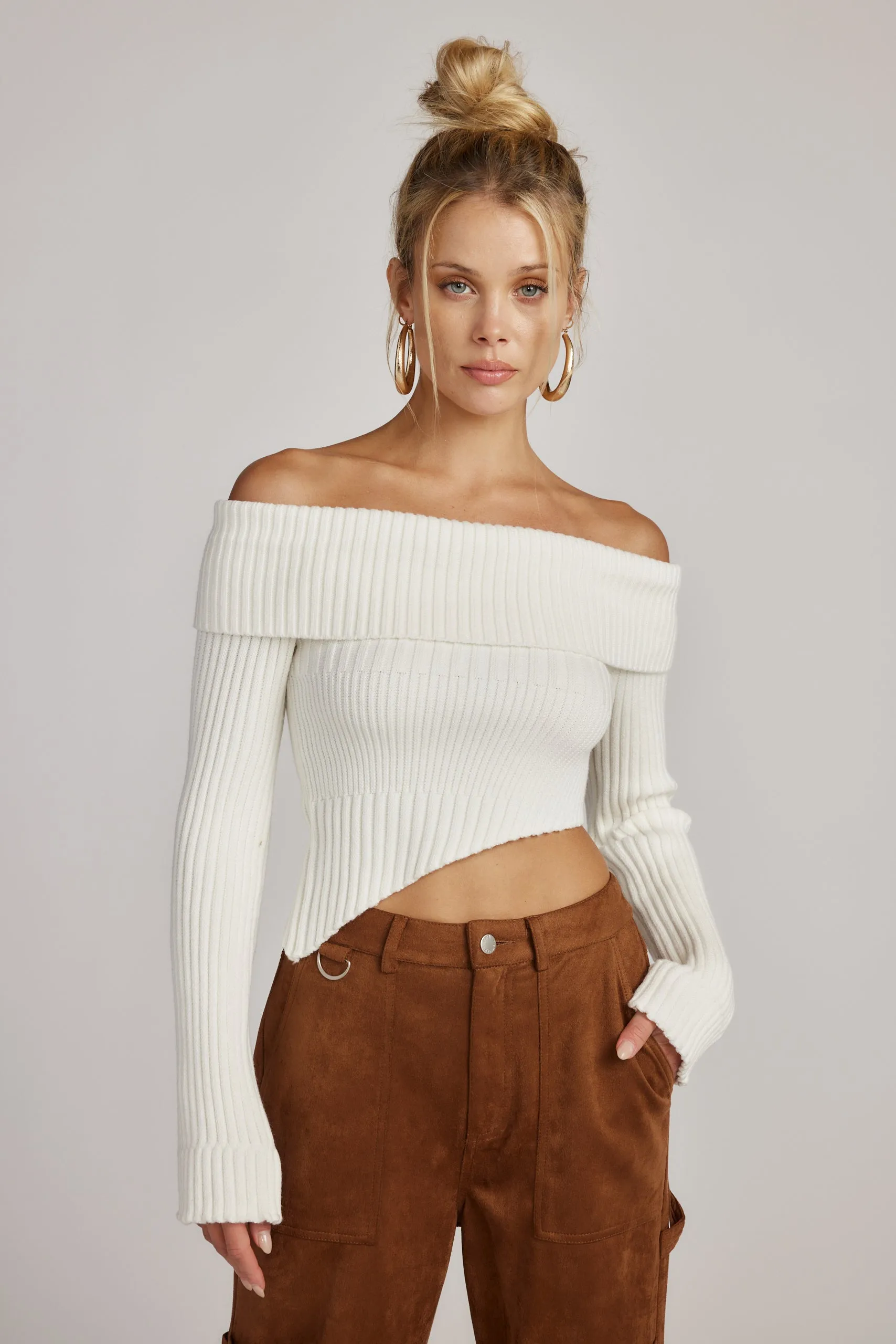 Ria White Off the Shoulder Asymmetrical Sweater