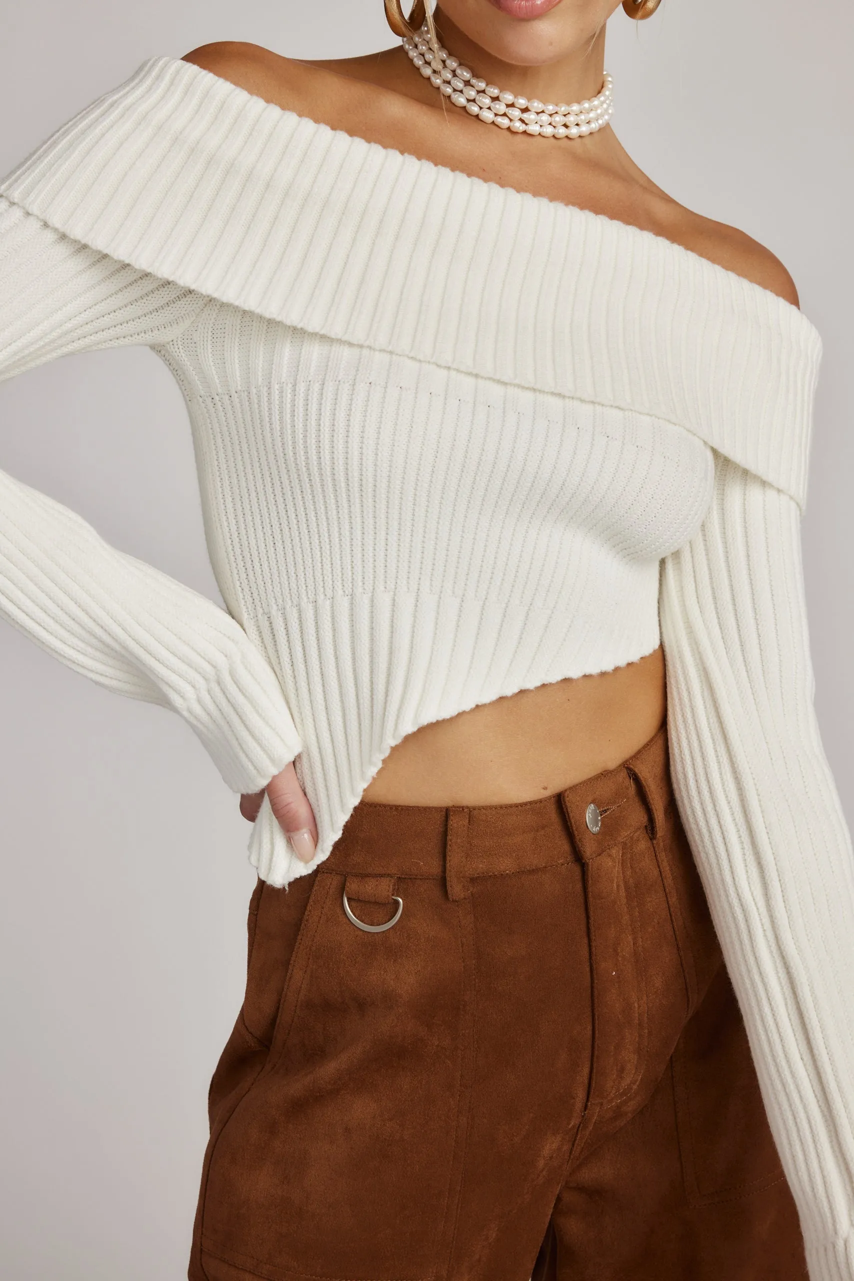 Ria White Off the Shoulder Asymmetrical Sweater