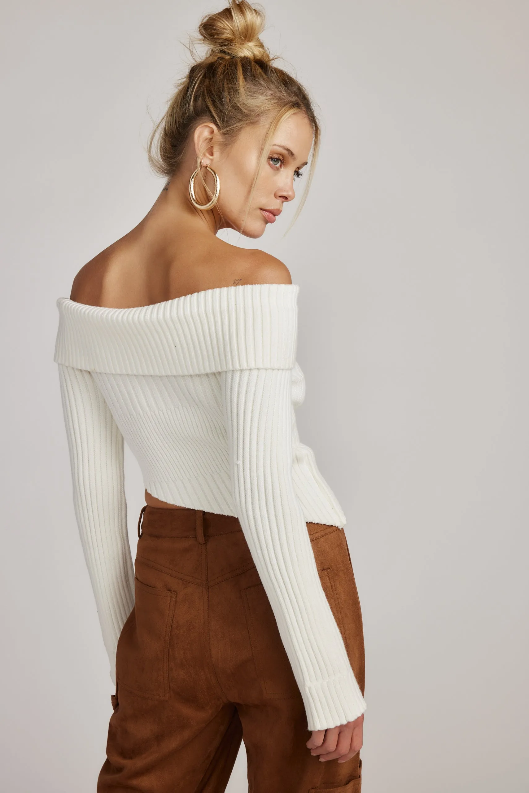 Ria White Off the Shoulder Asymmetrical Sweater