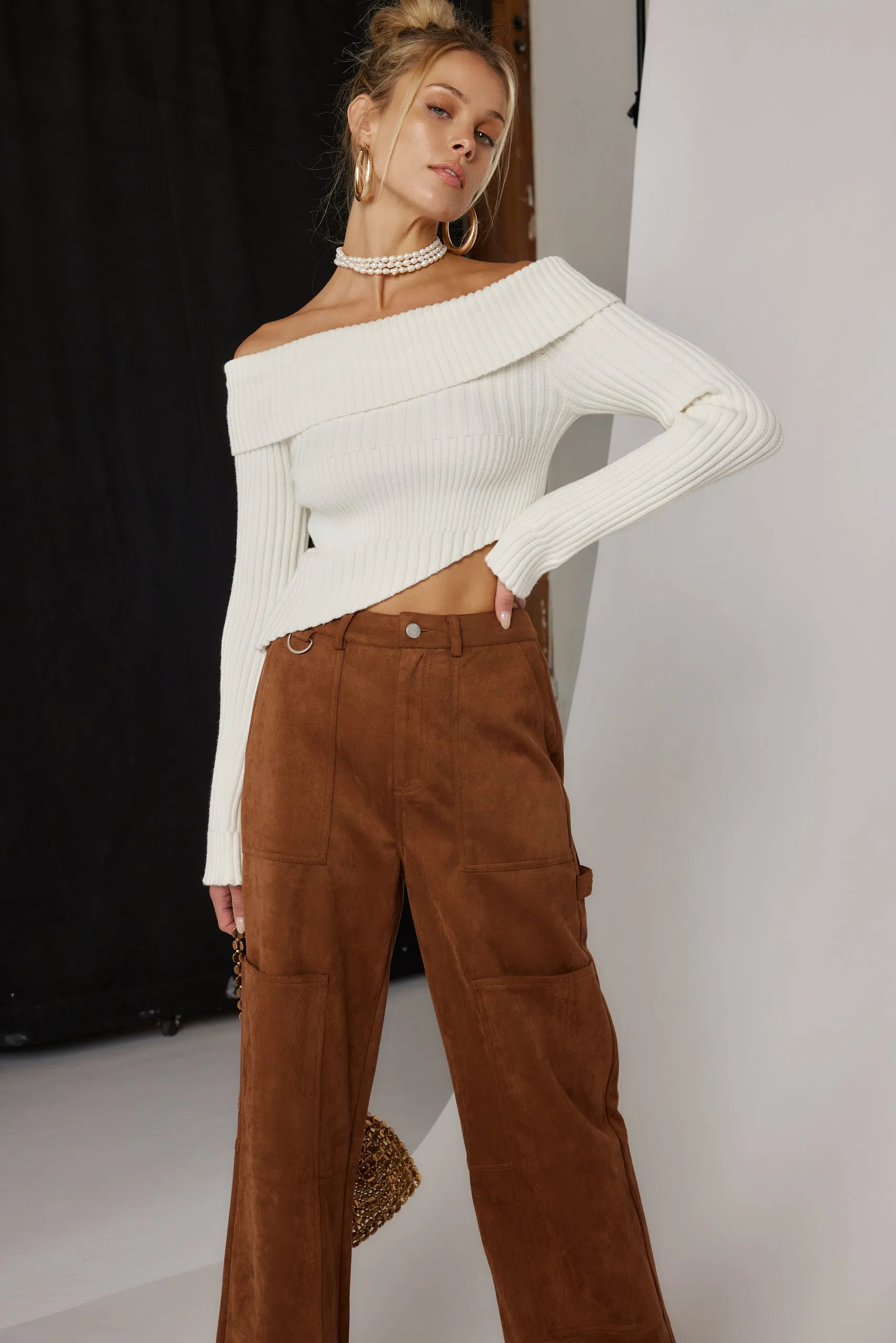 Ria White Off the Shoulder Asymmetrical Sweater