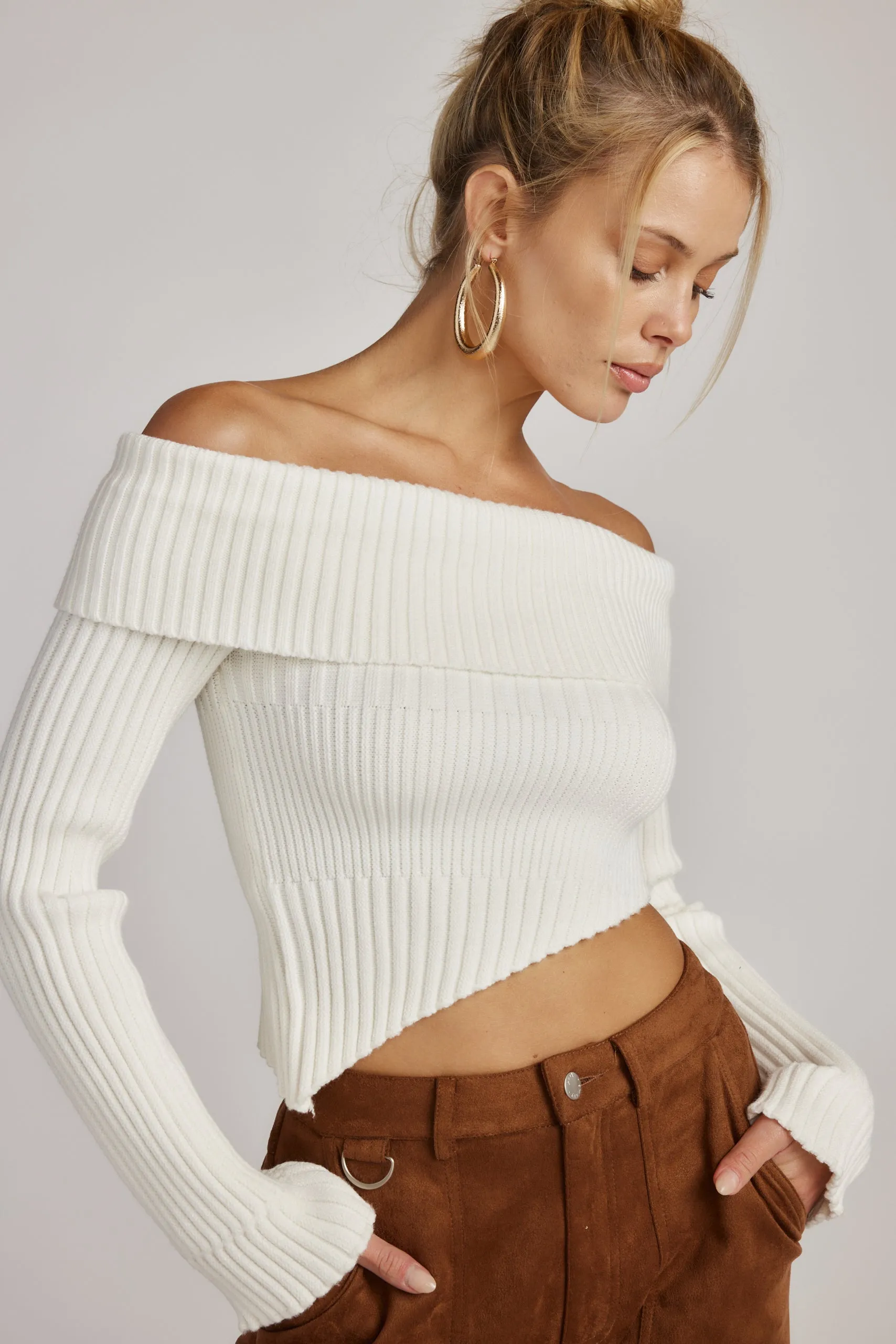 Ria White Off the Shoulder Asymmetrical Sweater